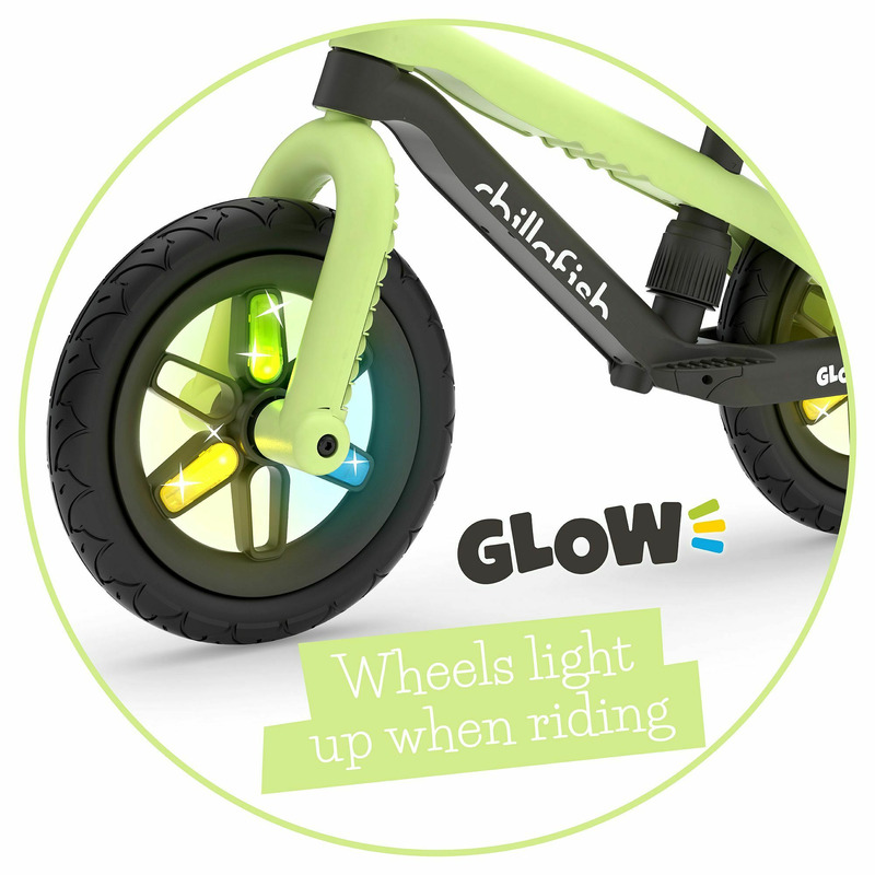 bicicleta de echilibru bmxie glow cu suport pentru picioare si frana integrate cu spite luminoase cu sa reglabila greutatate 3 8 kg 12 inch pentru 2 5 ani chillafish pistachio 2523371 4