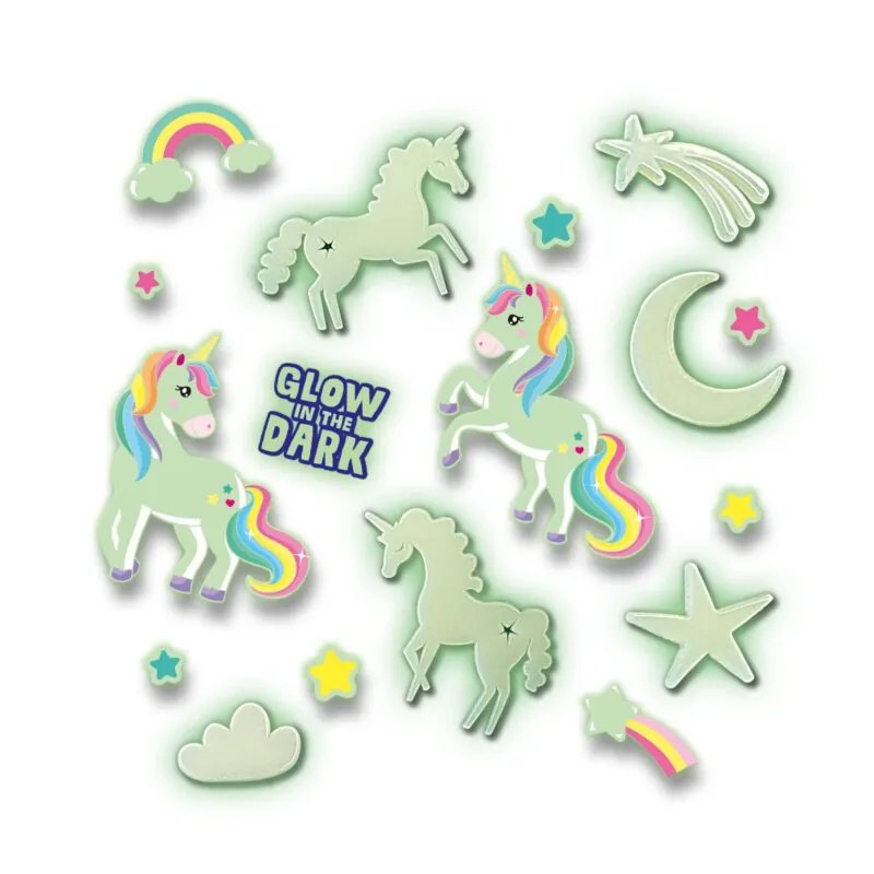 Set autocolante fosforescente cu unicorni pentru copii - Unicorni stralucitori este un set cu patru unicorni care stralucesc in intuneric si 20 de stele