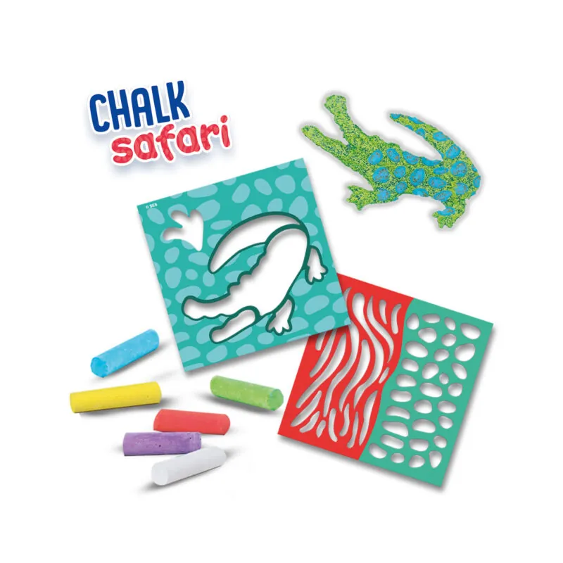 ci si instrumente pentru crearea animalelor salbatice! Chalk Safari are sase sabloane din plastic pe care le puteti folosi pentru a desena cu usurinta animale si amprente de animale pe trotuar. Cu aceste crete viu colorate si sabloane robuste