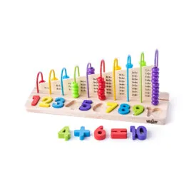 Un abacus frumos in culori stralucitoare ii va ajuta pe copii sa invete elementele de baza ale matematicii. Numarul de margele de pe fiecare fir corespunde numarului de lemn introdus in pad. Copilul poate astfel sa antreneze sarcini matematice individuale