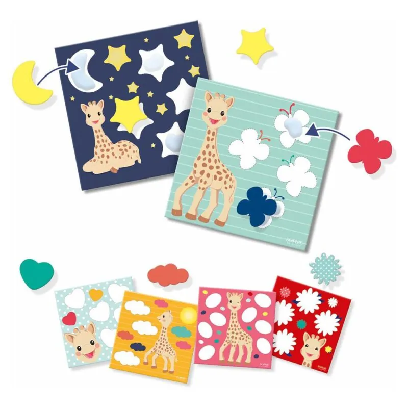 Acest set contine sase cartonase Sophie la girafe care trebuie umplute cu forme colorate. Cu lipiciul magic pentru degete