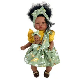 imagine:Papusa Nines D'Onil, Maria Afro, cu sunete, cu bebelus, cu rochie verde, cu miros de vanilie, 45 cm
