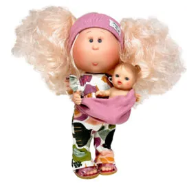 imagine:Papusa Nines D'Onil, Mia, cu parul blond, cu bebe, cu articulatii, cu miros de vanilie, 30 cm