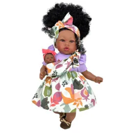 imagine:Papusa Nines D'Onil, Maria Afro, cu sunete, cu bebelus, cu rochie mov, cu miros de vanilie, 45 cm