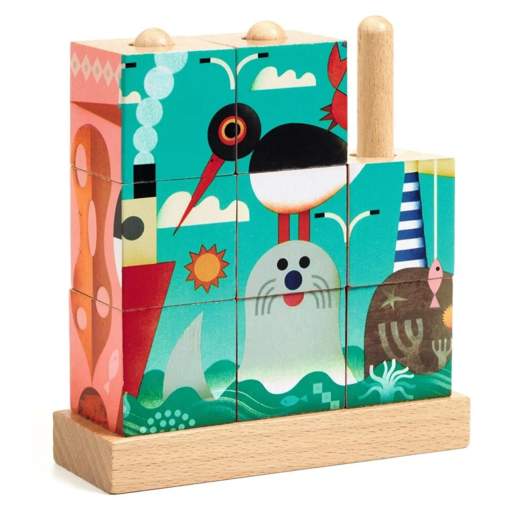 Puzzle din cuburi de lemn Animale marine