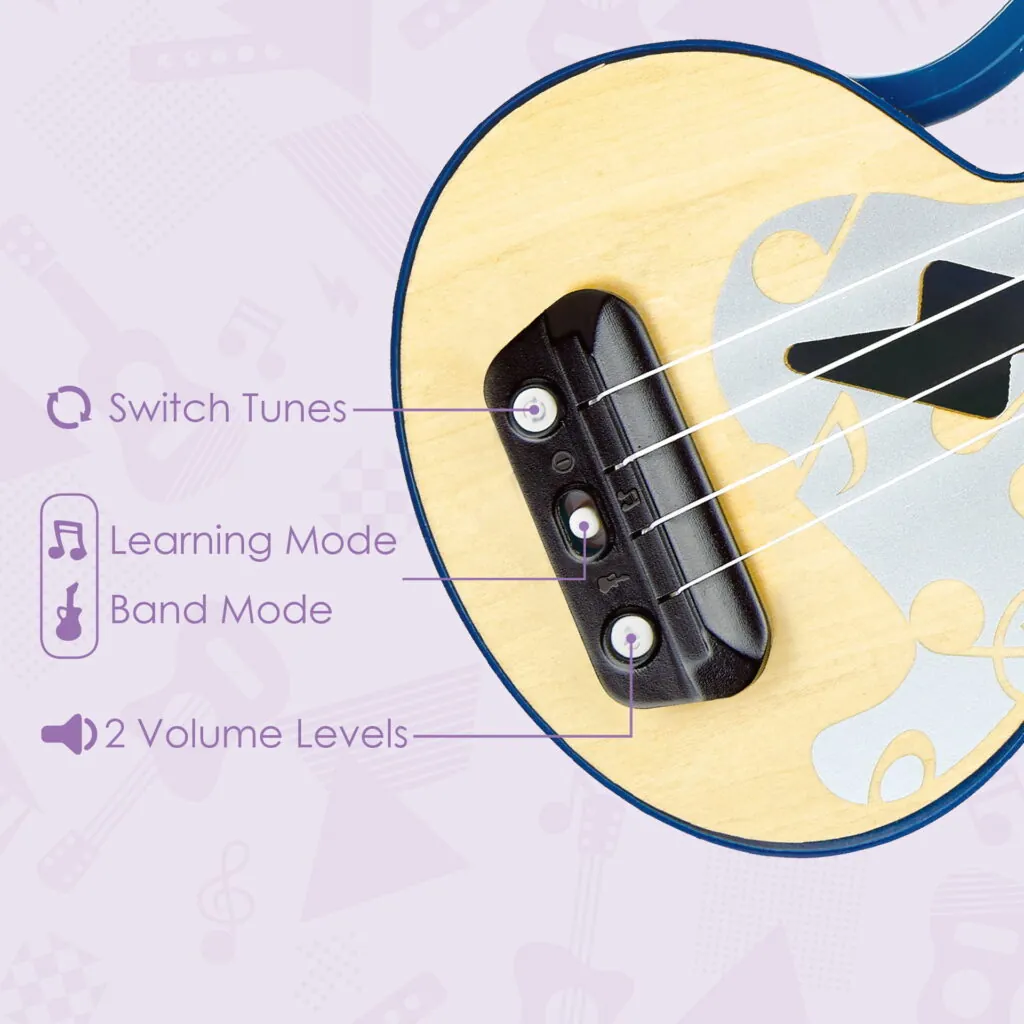 Jucarie din lemn - Instrument Ukulele (chitara) albastru - invata sa canti cu lumini - Instrumente muzicale Hape 2