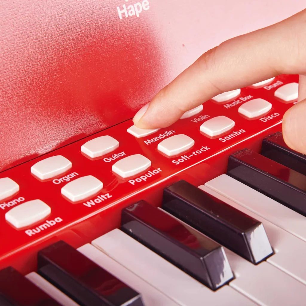 Jucarie din lemn - Pian rosu - invat sa cant cu lumini - Instrumente muzicale Hape 3