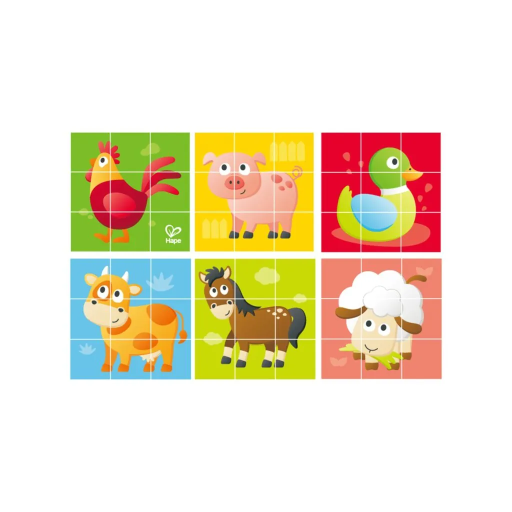Puzzle din lemn cuburi - Animale de la ferma 3 x 3 - Puzzle Hape 2