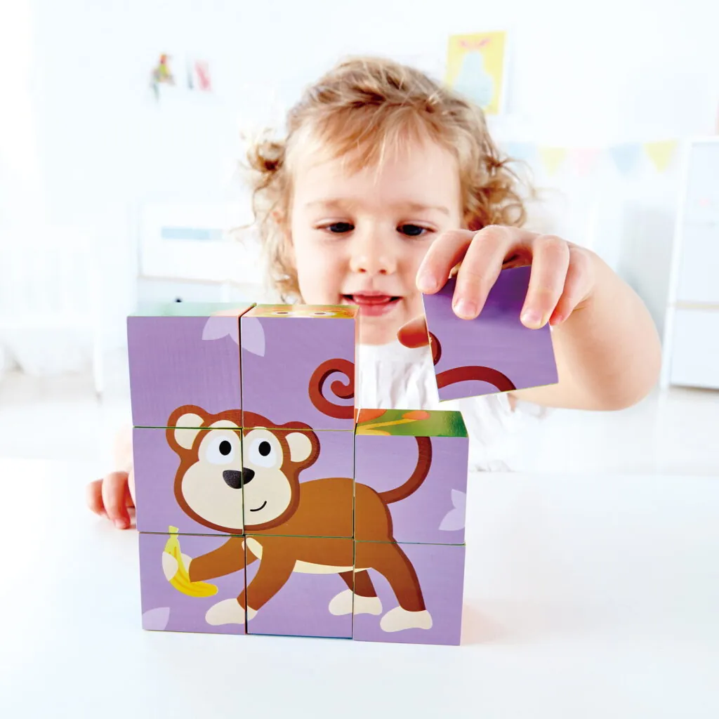 Puzzle din lemn cuburi - Animale din Jungla 3 x 3 - Puzzle Hape 5